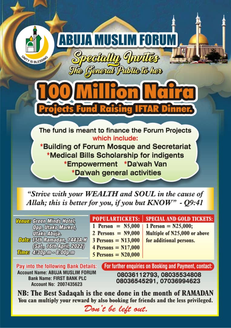 Abuja Muslims Forum holds 100 million naira fund raising IFTAR dinner on Saturday