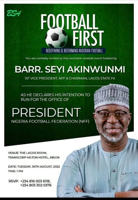 NFF elections:  First vice-President Akinwunmi declares for NFF President