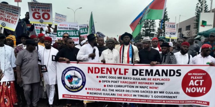 Protest Rocks NNPCL Towers, as Niger Delta Youths Demand Sack of Ojulari Over Alleged $21m Fraud (Video)
