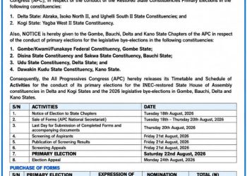APC Releases Timetable for 2026 INEC-Restored Constituencies and Legislative Bye-Elections